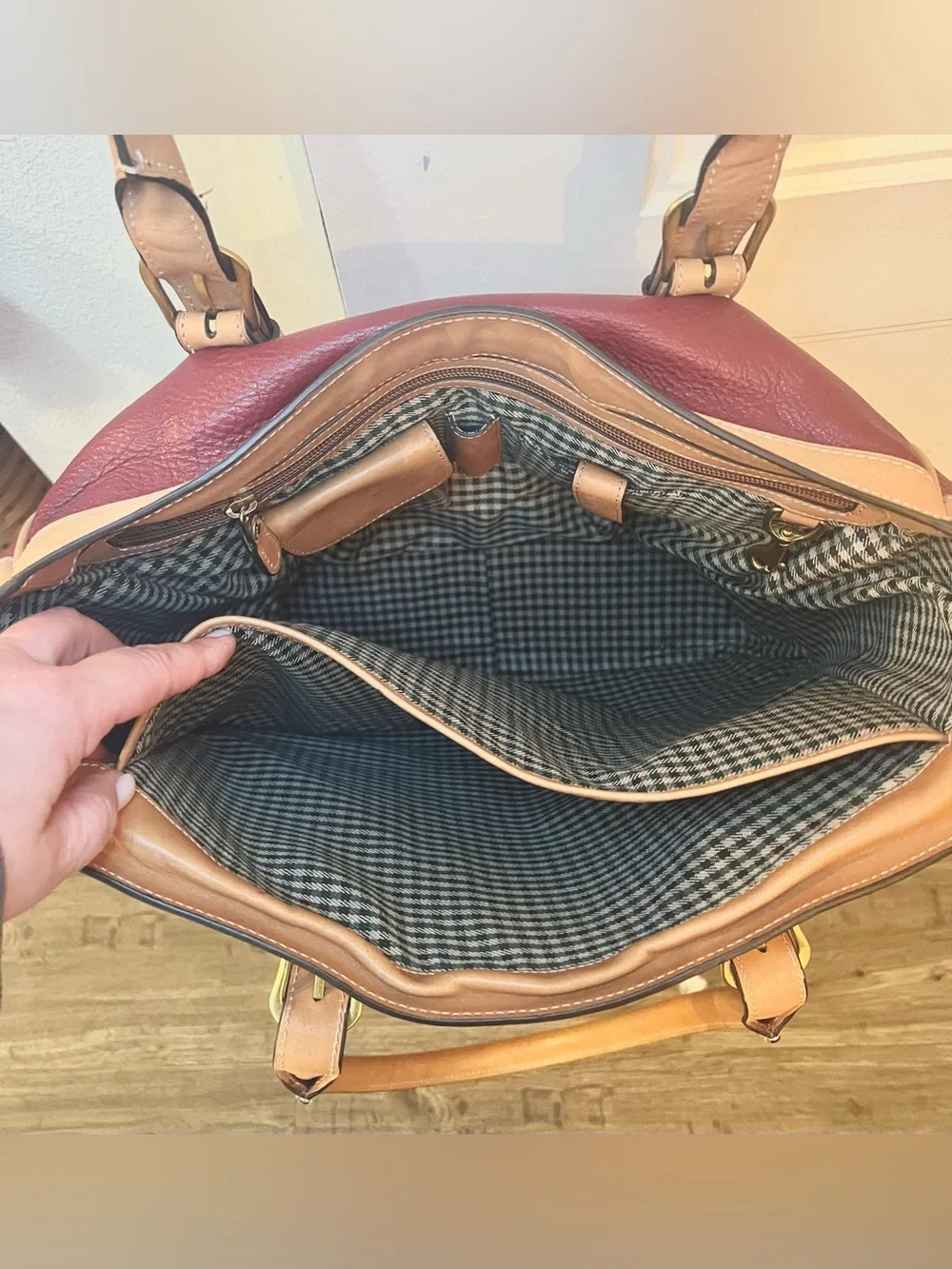 Ghurka Burgundy and Tan Leather Shopper Tote